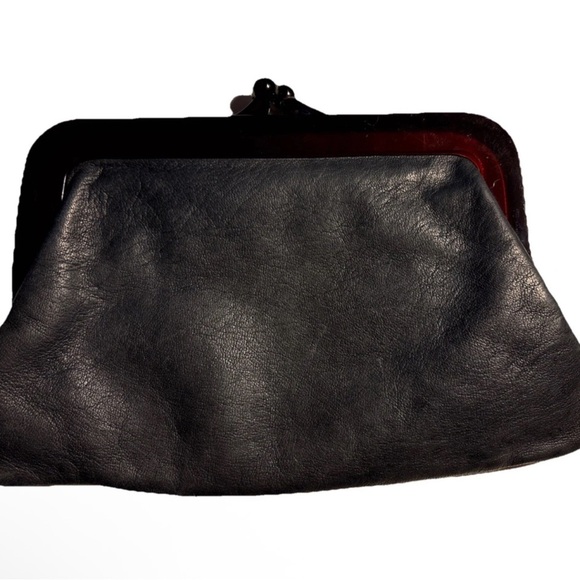 Vintage Style Small Charcoal Clutch Brown Lucite Kiss Lock Clasp Purse - Picture 1 of 5